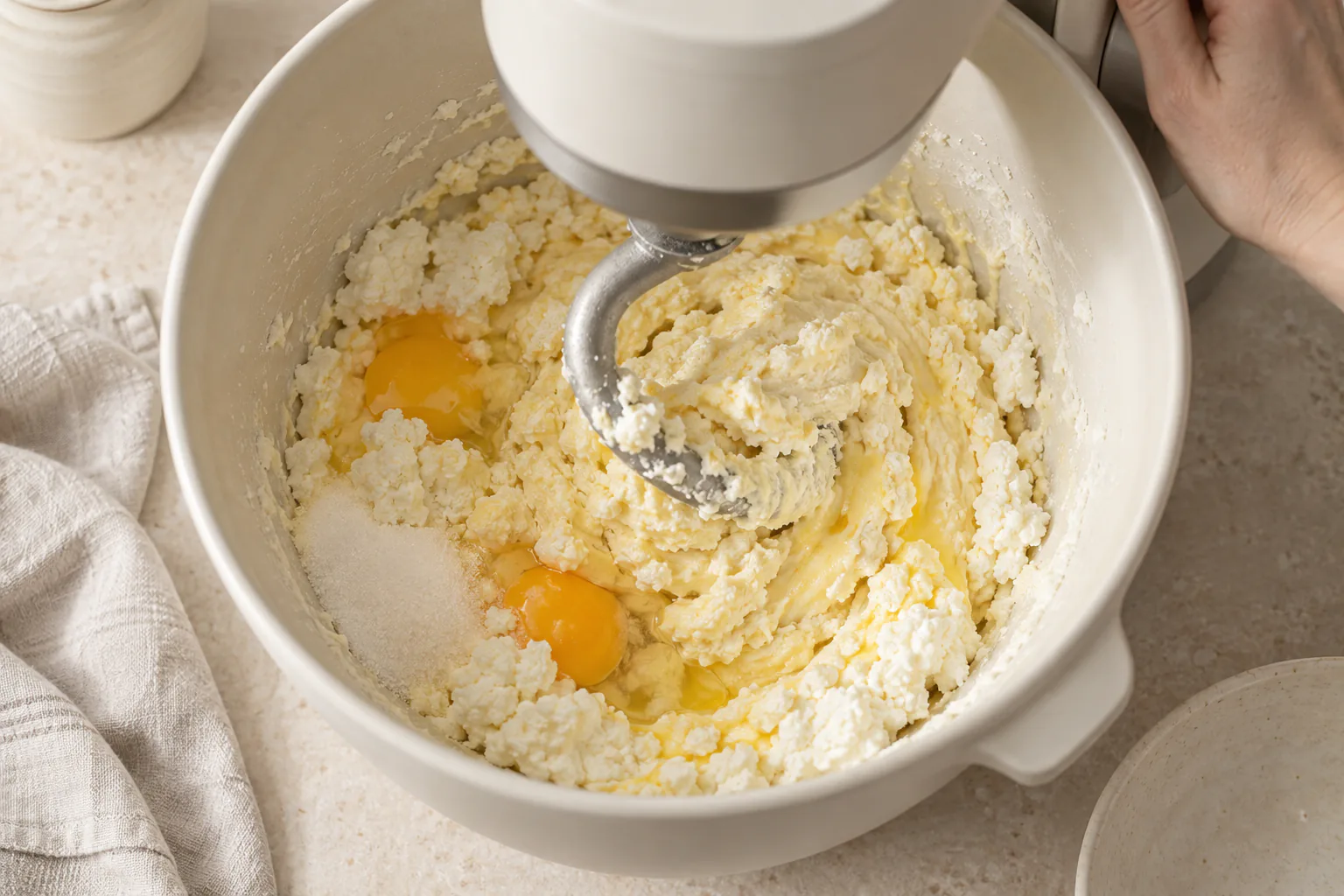 Tvorog curd cheese, eggs and sugar in a food processor bowl