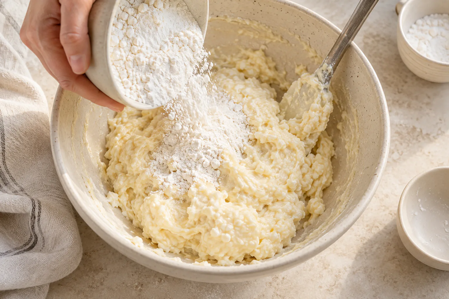 Flour and tapioca starch in sticky cottage-cheese dough