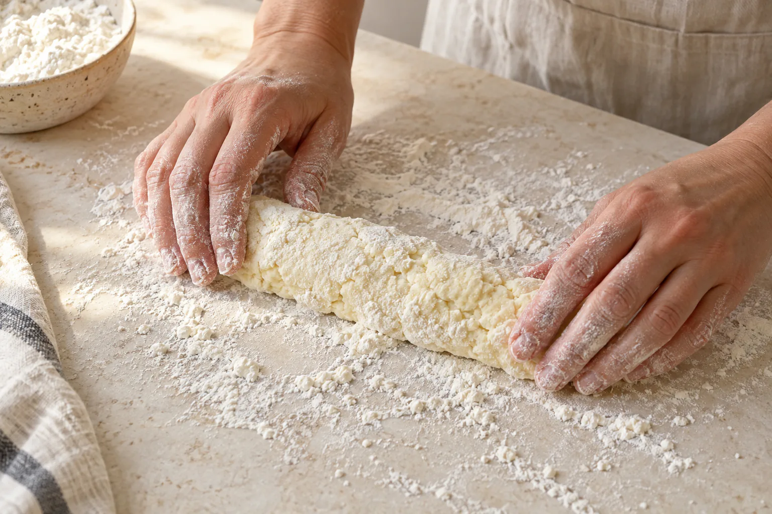 Hands shaping a dough log on a floured surface