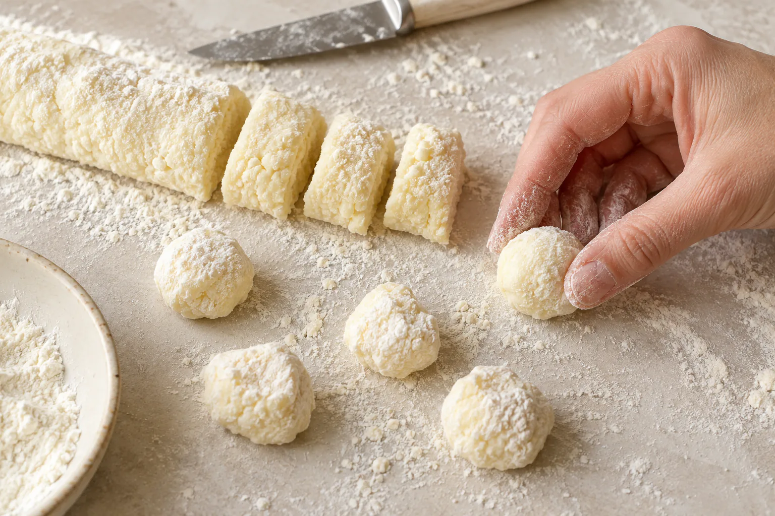 Round dumplings and cut dough on a floured surface