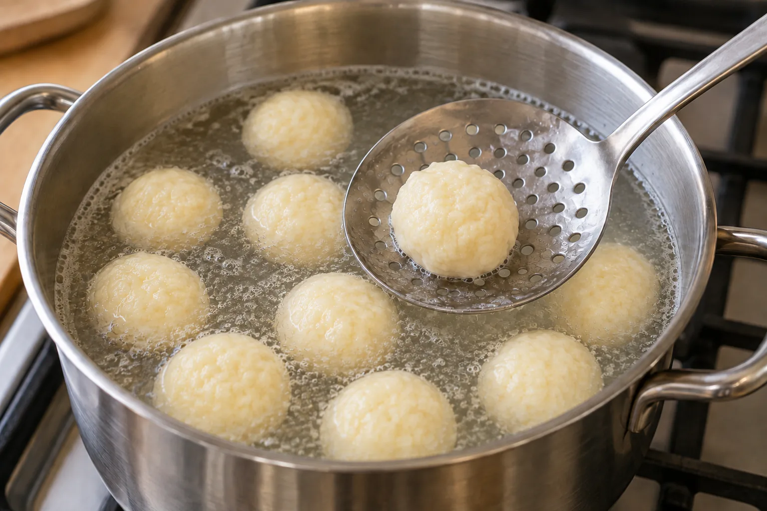 Dumplings floating in water with one on a skimmer
