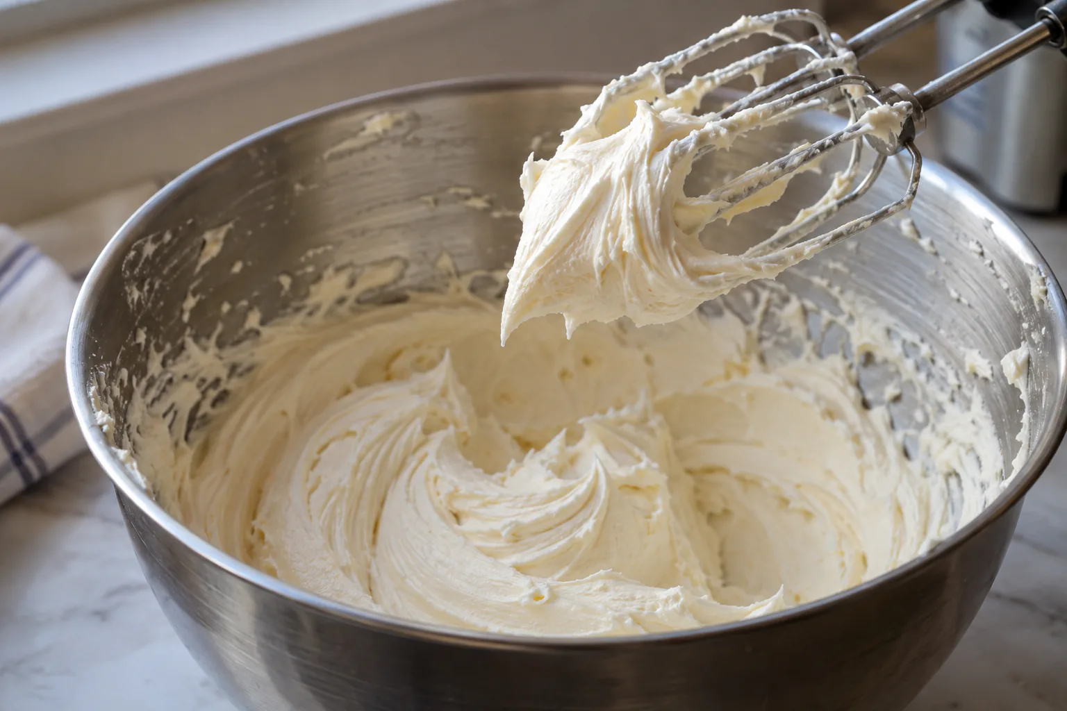 Pale vanilla buttercream holding a firm smooth peak on raised beaters