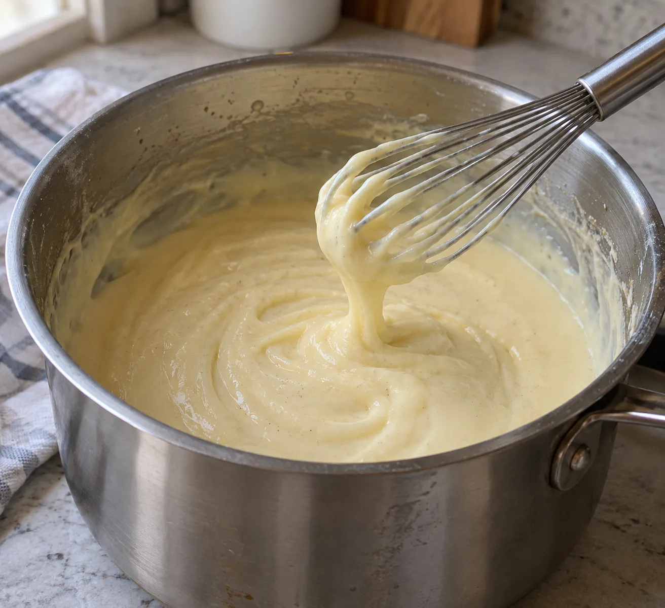 Smooth glossy vanilla custard holding its shape on a spoon